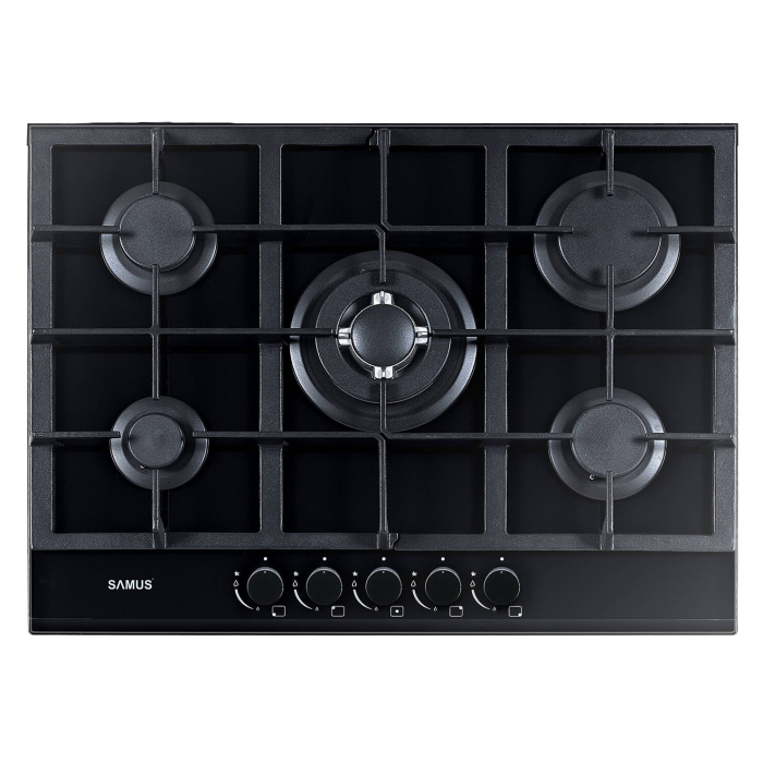 Plita incorporabila Samus PSG-75SG, 5 arzatoare, Gratare fonta, Aprindere electrica, Sticla Neagra [1]