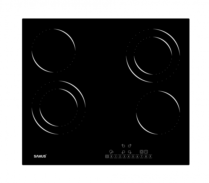 Plita incorporabila Samus PSVE-64BG6,vitroceramica, Putere totala maxima 5800 W,4 arzatoare,Setari putere in 9 trepte,Panou "Touch Control",Rezistenta electronica,Sticla neagra [1]