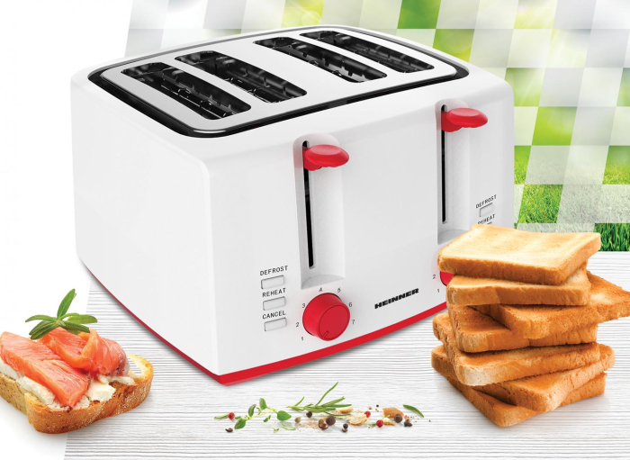 Prajitor de paine Heinner Panfette 1300 HTP-1300WHR, 1100W, capacitate 4 felii, 7 niveluri de rumenire,Alb/Rosu [2]
