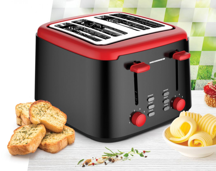 Prajitor de paine Heinner Wassay 1450 HTP-1450BKR, 1450W, capacitate 4 felii, 7 niveluri de rumenire, negru/Rosu [2]