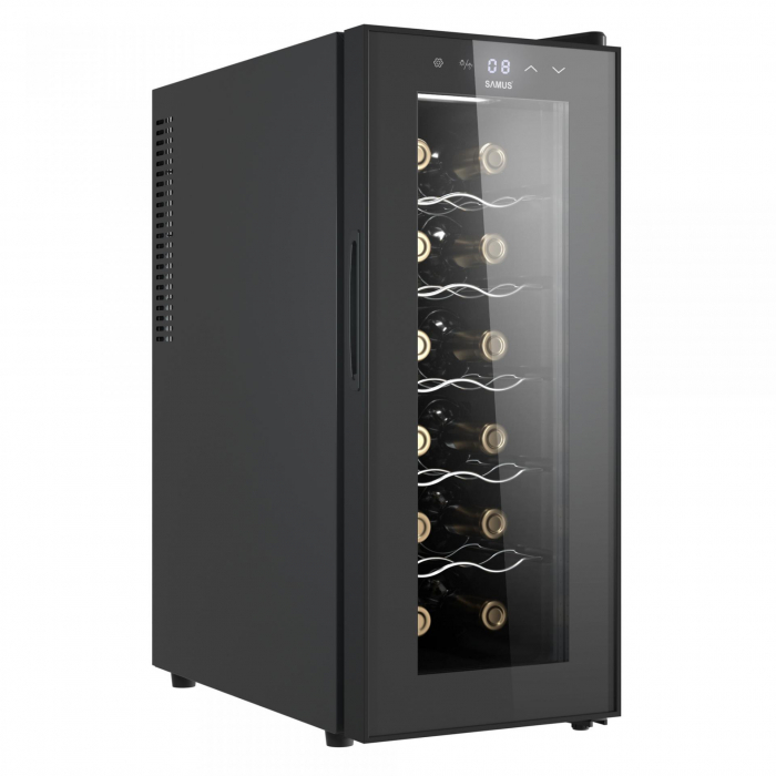 Racitor pentru vin termoelectric Samus SRV38CR12,Capacitate 12 sticle,Mod racire: termoelectric,Panou control tactil cu afisaj electronic,Temperatura interioara 11 - 18Â°CIluminare interioara LED,Negr [1]