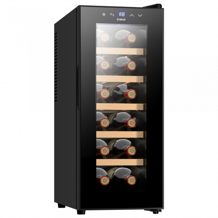 Racitor pentru vin termoelectric Samus SRV38LM12,Capacitate 12 sticle,Mod racire: termoelectric,Panou control tactil cu afisaj electronic,Temperatura interioara 11 - 18Â°CIluminare interioara LED,Negr [1]