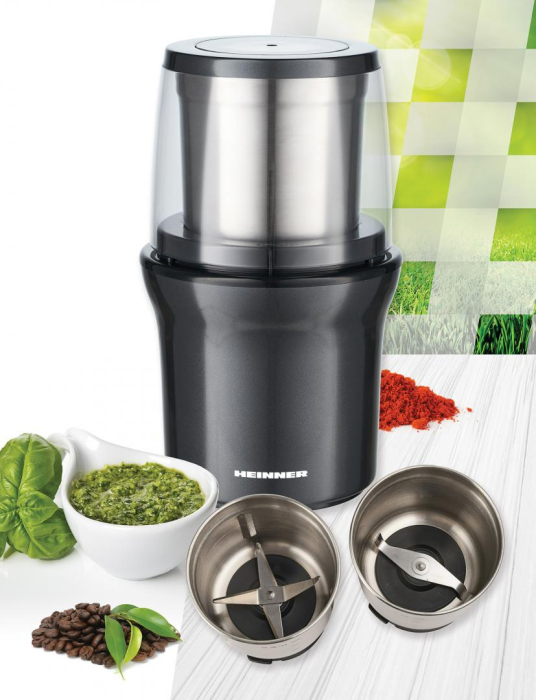 Rasnita de cafea Heinner HCG-200DGIX2,electrica, rasnire umeda si uscata, 200 W, 70g, 2 recipiente, carcasa inox, Gri [4]