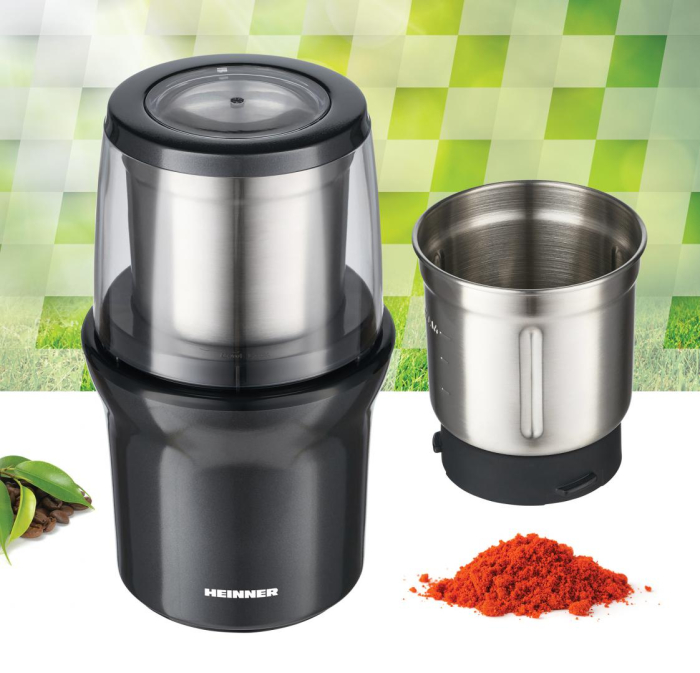 Rasnita de cafea Heinner HCG-200DGIX2,electrica, rasnire umeda si uscata, 200 W, 70g, 2 recipiente, carcasa inox, Gri [5]