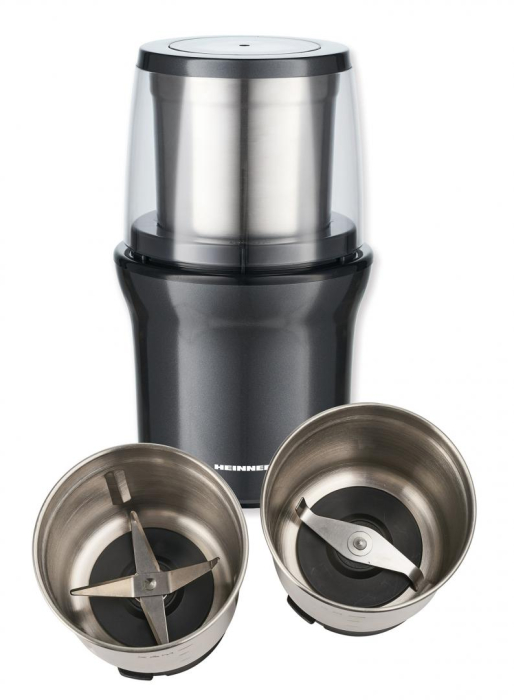 Rasnita de cafea Heinner HCG-200DGIX2,electrica, rasnire umeda si uscata, 200 W, 70g, 2 recipiente, carcasa inox, Gri [2]