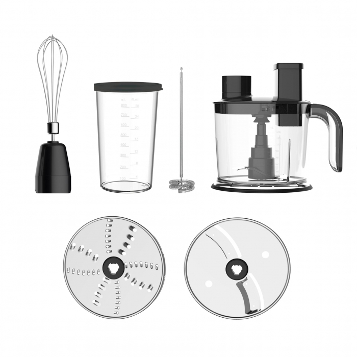 Robot de bucatarie Albatros MR1200A, 6 in 1, 1200 W, Turatie reglabila, Pulse, Accesorii : cutit inox, pahar 0.8 l, vas 1.5 l, tel inox, 2 lame razuire, tija spumare lapte, Inox/negru [1]