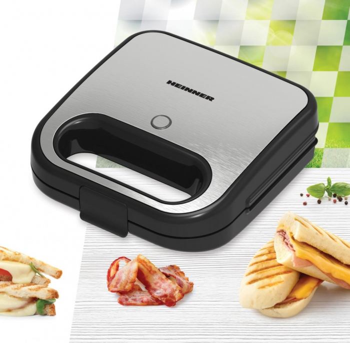 Sandwich-maker Heinner SILVERSTONE SM-K750FGSL, 750w, capacitate: 2 sandwich-uri, placi antiadezive fixe tip grill, silver [1]