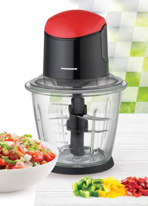 Tocator de legume Heinner HMC-K500BKR, bol sticla 1.5L, 3 cutite din inox, angrenaj metalic, baza anti-alunecare, sistem de siguranta, putere: 500W, culoare negru cu rosu [2]