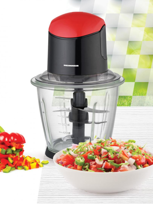Tocator de legume Heinner HMC-K500BKR, bol sticla 1.5L, 3 cutite din inox, angrenaj metalic, baza anti-alunecare, sistem de siguranta, putere: 500W, culoare negru cu rosu [3]