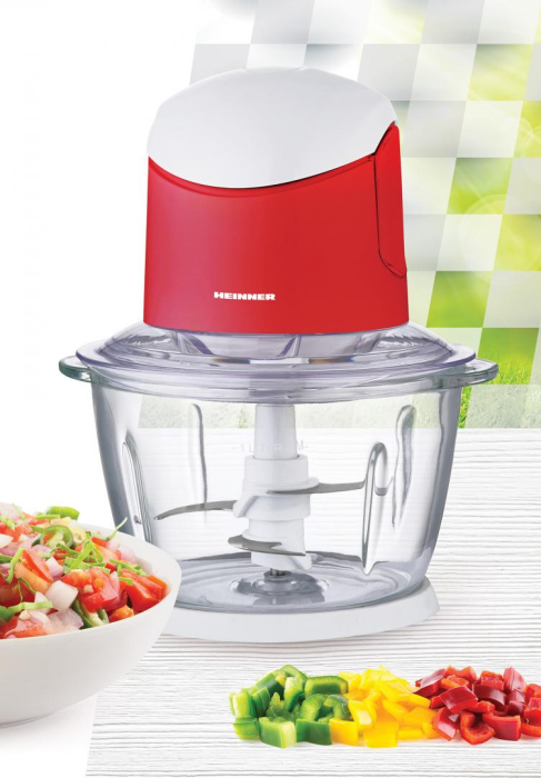 Tocator de legume Heinner HMC-K500WHR, 500W, 1 l, 2 cutite din inox, angrenaj metalic, baza anti-alunecare, bol sticla, sistem de siguranta, alb/rosu [2]