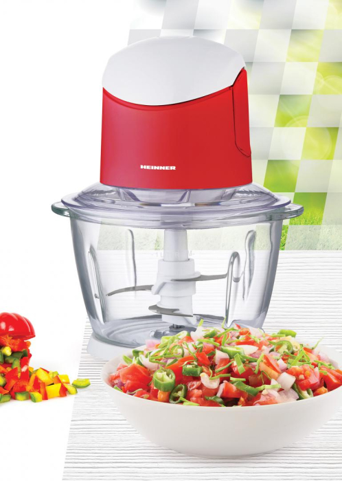 Tocator de legume Heinner HMC-K500WHR, 500W, 1 l, 2 cutite din inox, angrenaj metalic, baza anti-alunecare, bol sticla, sistem de siguranta, alb/rosu [3]