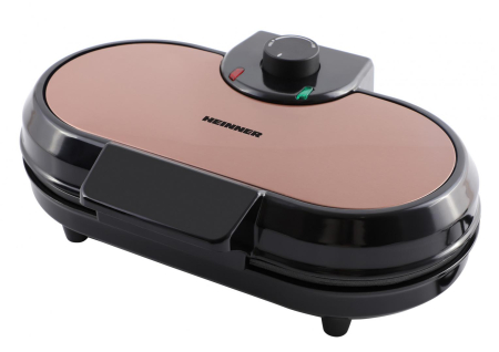 Aparat de preparat desert - Aparat de facut gofre Heinner Copper Crown HWF-1000CR, 1000W, buton reglare temperatura, placi cu invelis antiaderent, plite gofre: 13.97 cm, Negru/aramiu