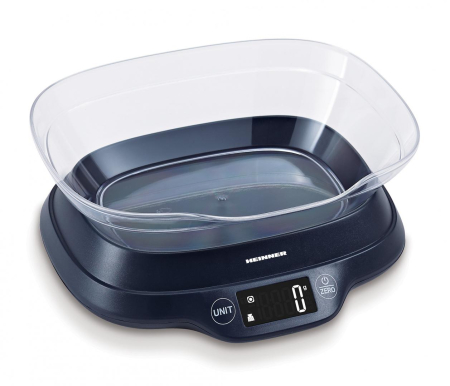 Cantare de bucatarie - Cantar de bucatarie cu bol Heinner HKSB-TC5P, 5 Kg, 1 g, touch control, tara, functie cantarire lichide, display LCD, bol plastic, albastru inchis