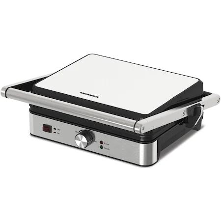Gratare electrice - Gratar electric Heinner HEG-K2000SS, 2000W, Placi fixe cu invelis antiaderent, Dimensiuni placi: 30 X 24.9 cm, Temperatura reglabila, Maner rece, Deschidere 180˚, Indicatoare luminoase „ON” și „gata d