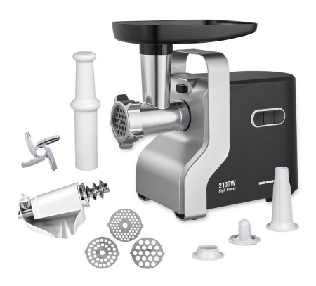 Electrocasnice pentru bucatarie - Masina de tocat Heinner MG-2100BKSL, 2100 W, Accesoriu rosii, Cutit Inox, Negru/Argintiu
