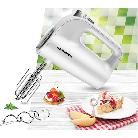 Mixere - Mixer de mana Heinner HM-300WH, 300W, 5 Viteze, Functie Turbo, Accesorii din Inox, Alb