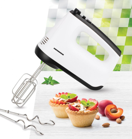 Mixere - Mixer de mana Heinner White Orchid HM-400WHBK, 400W, 6 viteze + Turbo, teluri si carlige din inox, Alb/Negru