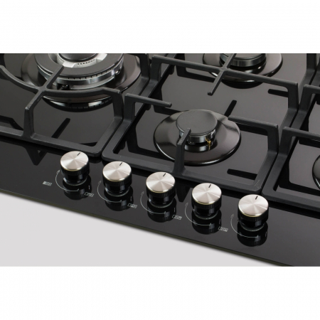 Plite pe gaz incorporabile - Plita incorporabila LDK Granada WOK JZ5BK75, Gaz, 5 arzatoare, WOK, Aprindere electrica, Gratare fonta, Siguranta, 75 cm, Negru