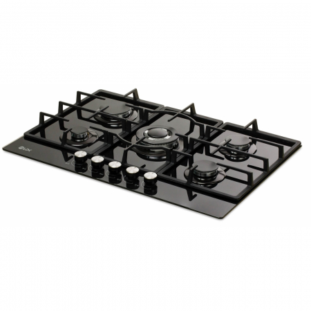 Plite pe gaz incorporabile - Plita incorporabila LDK Marbella WOK JZ5BK75, Gaz, 5 arzatoare, WOK, Aprindere electrica, Gratare fonta, Siguranta, 75 cm, Negru