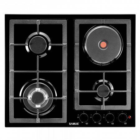Plite pe gaz incorporabile - Plita incorporabila mixta Samus PSGE-63SB1,3 arzatoare pe gaz + 1 arzator electric,Panou de control frontal,Sisteme de siguranta la arzatoare,Aprindere electrica la o mana,Email negru