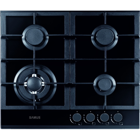 Plite pe gaz incorporabile - Plita incorporabila Samus PSG-64SG1,4 arzatoare pe gaz,1 Arzator WOK,Gratare din fonta ,Panou de control frontal,Sisteme de siguranta la arzatoare,Aprindere electrica ,Sticla neagra