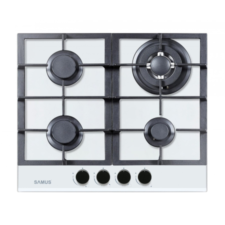 Plite pe gaz incorporabile - Plita incorporabila Samus PSG-64SG3 White,4 arzatoare pe gaz,Gratare din fonta ,Panou de control frontal,Sisteme de siguranta la arzatoare,Aprindere electrica ,Sticla alba