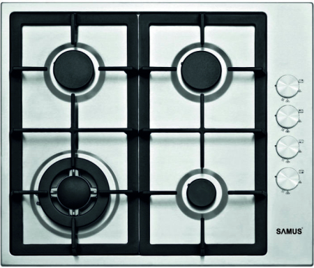 Plite pe gaz incorporabile - Plita incorporabila Samus PSG-64SX4,4 arzatoare pe gaz,1 Arzator WOK,Gratare din fonta,Panou de control lateral,Sisteme de siguranta la arzatoare,Aprindere electrica ,Inox