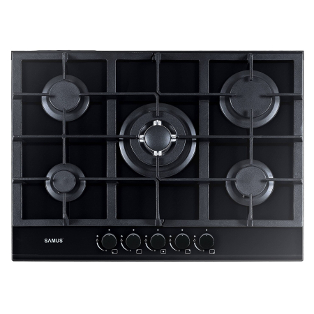 Plite pe gaz incorporabile - Plita incorporabila Samus PSG-75SG, 5 arzatoare, Gratare fonta, Aprindere electrica, Sticla Neagra