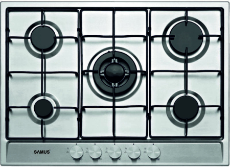 Plite pe gaz incorporabile - Plita incorporabila Samus PSG-75SX, 5 arzatoare pe gaz, Sistem de siguranta, Aprindere electrica, Arzator Wok, Inox
