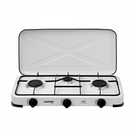 Plita - Plita pe gaz Albatros APG31W,3 arzatoare, putere 5,4 kW,2x2,2 kW + 1x1kW,Grătar metalic emailat,Butoane ergonomice,Alba