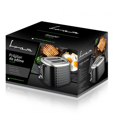 Electrocasnice pentru bucatarie - Prajitor de paine Fram FTP-850BK, 850W, capacitate 2 felii, functii: decongelare, reincalzire si anulare, 7 niveluri de rumenire, functie de autocentrare a feliilor de paine, tavita detasabila pentru