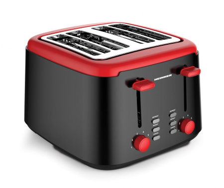 Electrocasnice pentru bucatarie - Prajitor de paine Heinner Wassay 1450 HTP-1450BKR, 1450W, capacitate 4 felii, 7 niveluri de rumenire, negru/Rosu