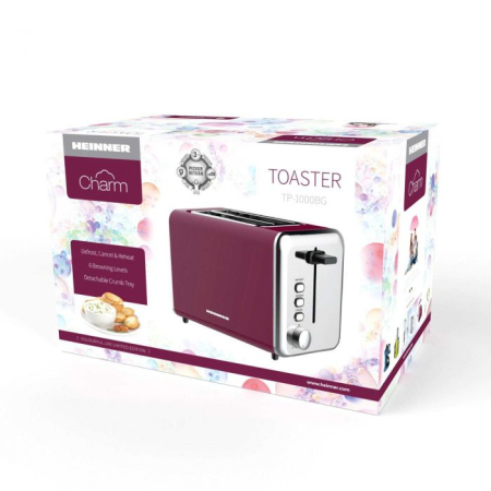 Electrocasnice pentru bucatarie - Prajitor de paine Heinner Charm TP-1000BG, 850W, 7 Setari rumenire, Burgundy