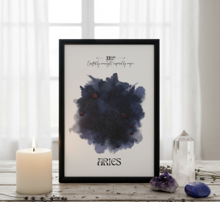 PAMANT - Berbec - Tablou realizat manual constelatie cristale naturale Granat