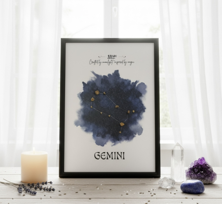 PAMANT - Gemeni - Tablou realizat manual constelatie cristale naturale Ochi de Tigru