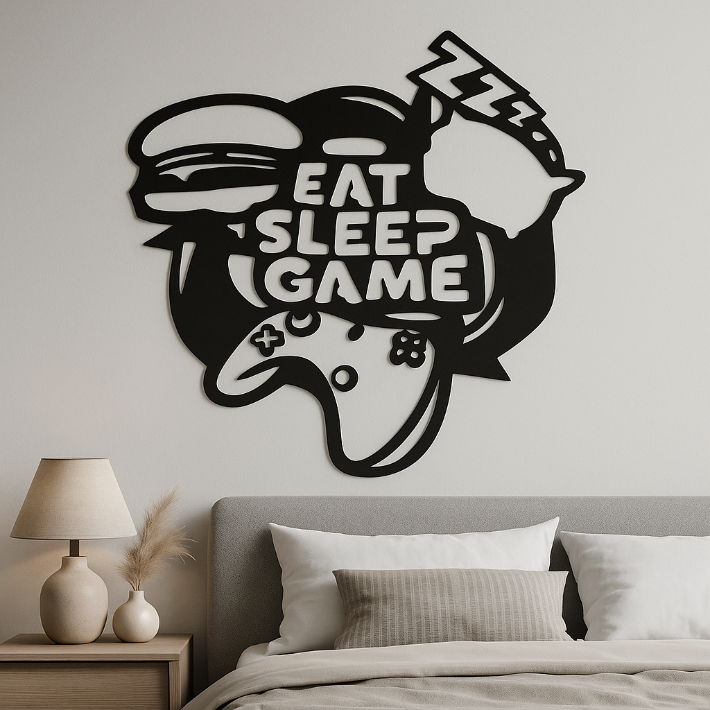 Decorative metal panel cut with text - Eat. Sleep. Game. [2]