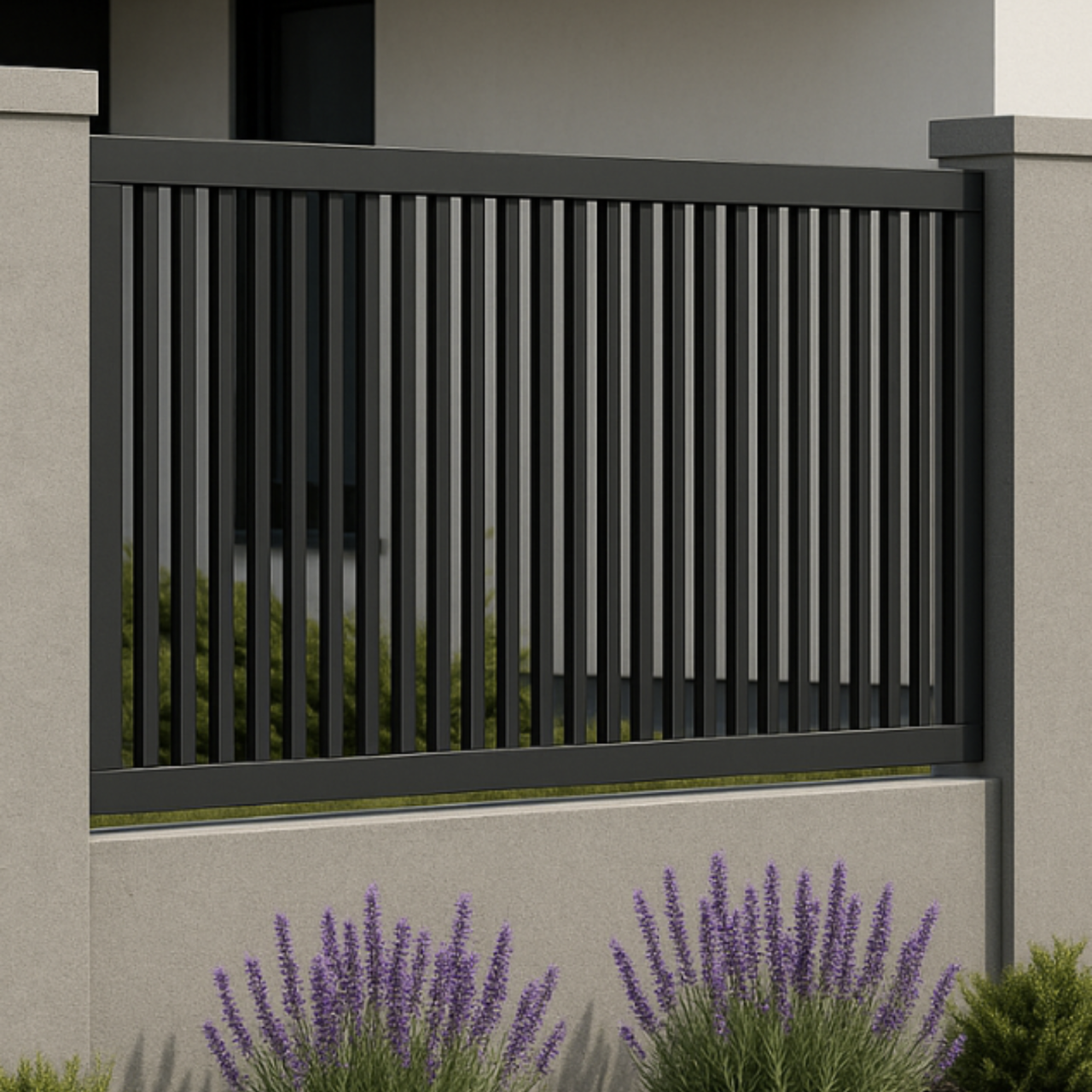 Panou decorativ pentru gard din țeavă cu prindere pe stalp de beton [1]