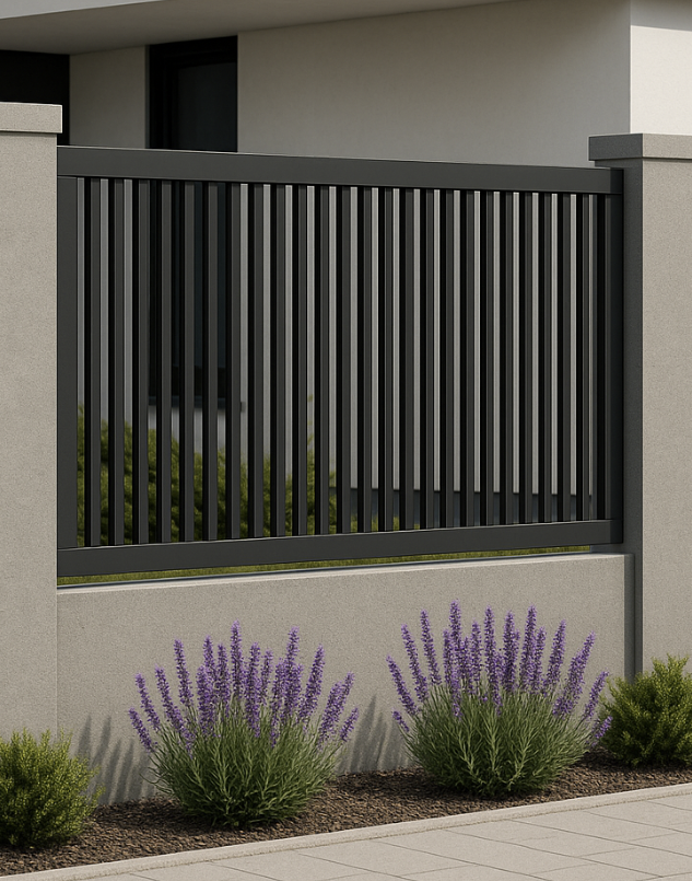 Panou decorativ pentru gard din țeavă cu prindere pe stalp de beton [2]