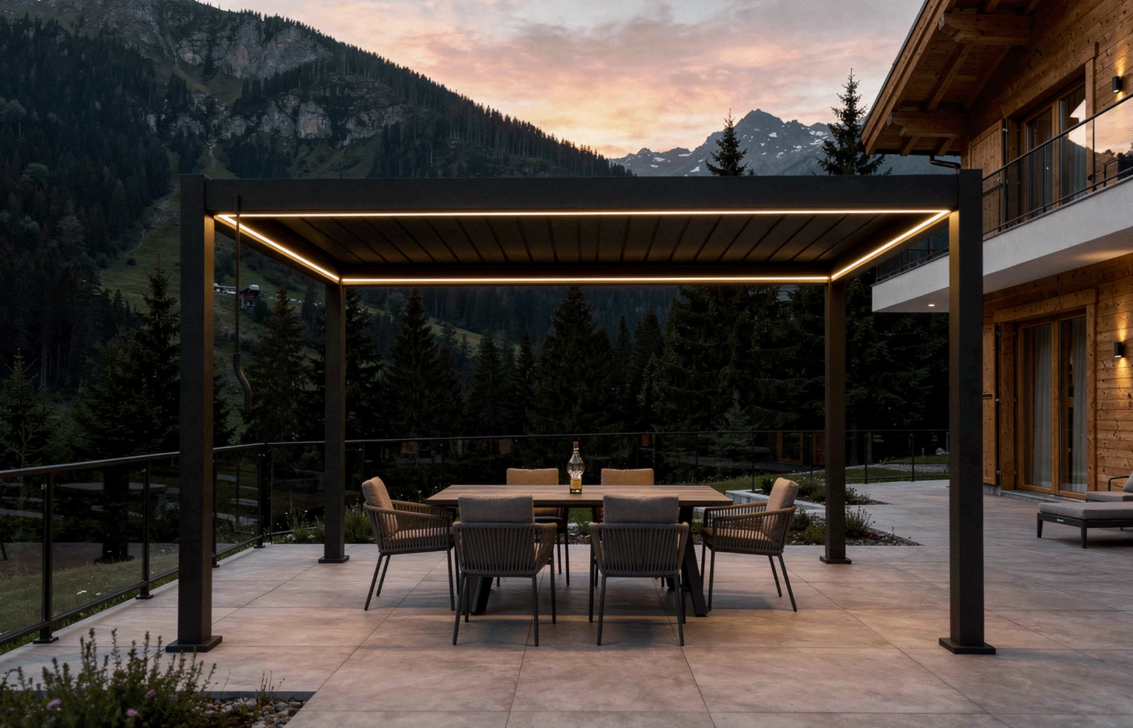 X 2.0 Bioclimatic Pergola, Aluminum, 4x4m, Warm White LED Lighting, Brown [4]