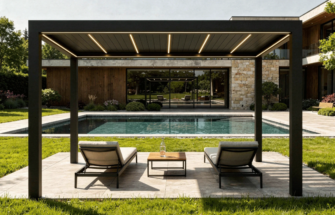 Pergola SUPREME din Aluminiu Acoperis Reglabil cu Spuma Poliuretanica, Actionare Electrica, Senzor de Ploaie & LED | 3000x4000mm, Gri RAL 7016 [3]