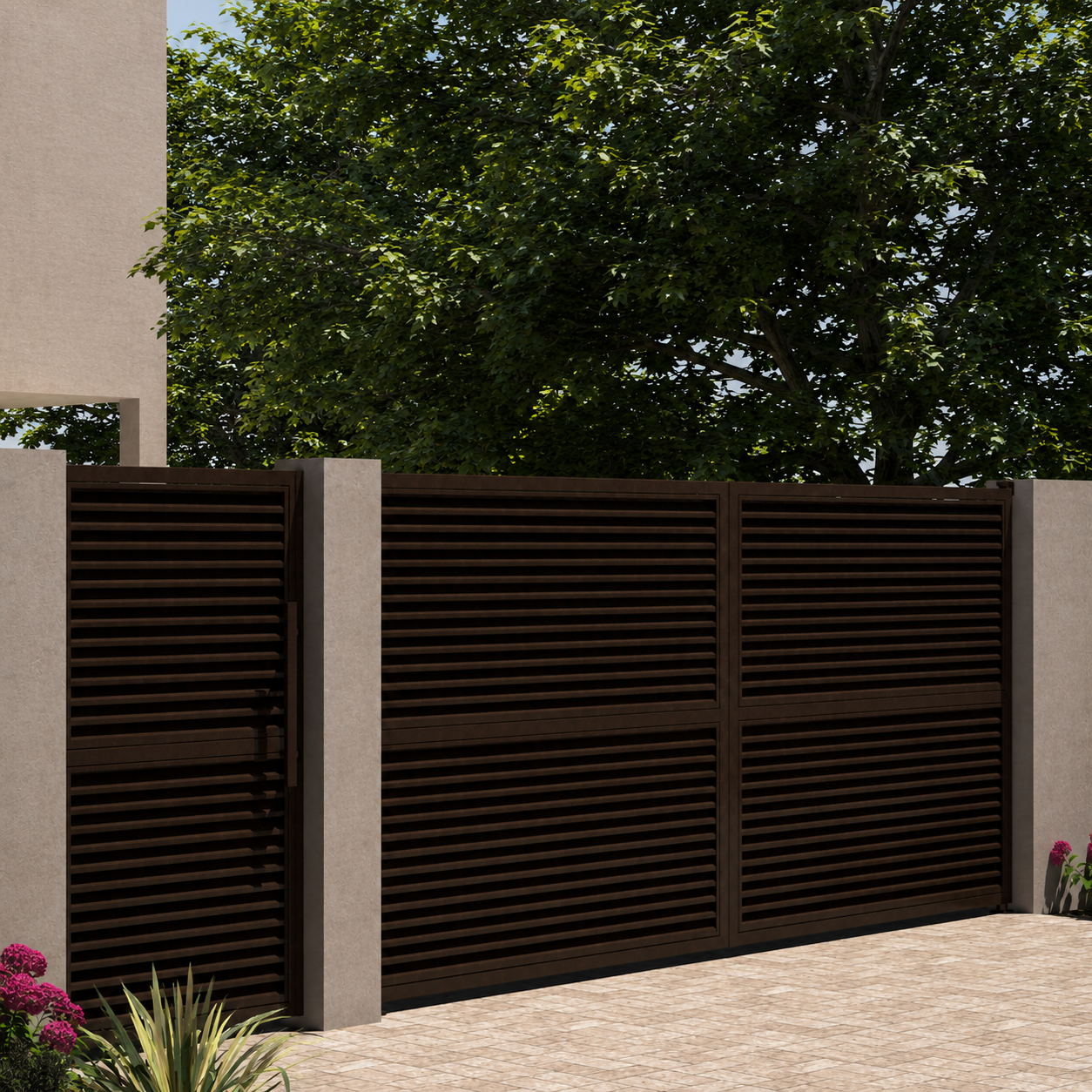 Swing Gates for Vehicle and Pedestrian Access with Horizontal Louver Slats – 2 mm Thick Steel [2]