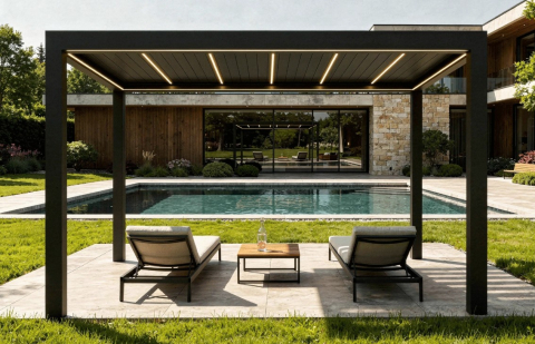Pergole - Pergola Bioclimatica Deluxe 2.0, Aluminiu, 3x4m, LED Lumina Calda, Gri Antracit