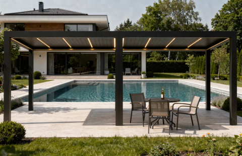 Pergole - Deluxe 2.0 Bioclimatic Pergola, Aluminum, 3x8m, Warm White LED Lighting, Anthracite Grey
