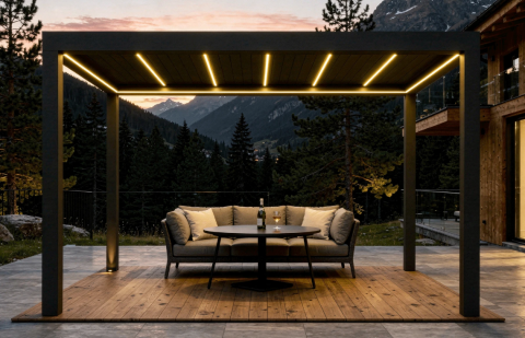Pergole - Deluxe 2.0 Bioclimatic Pergola, Aluminum, 4x4m, Warm White LED Lighting, Anthracite Grey
