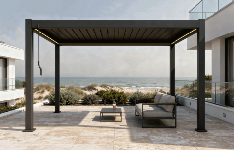Pergole - X 2.0 Bioclimatic Pergola, Aluminum, 4x4m, Warm White LED Lighting, Brown