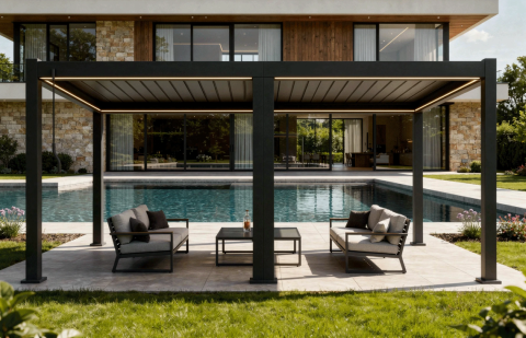 Pergole - Pergola Bioclimatica X 2.0, Aluminiu, 4x6m, LED Lumina Calda, Gri Antracit