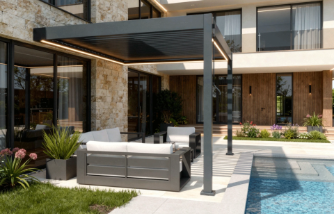 Pergole - Pergola Bioclimatica X 2.0, cu Prindere pe Casa, 3x4m, LED Lumina Calda, Gri Antracit