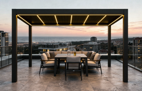 Pergole - Pergola SUPREME din Aluminiu Acoperis Reglabil cu Spuma Poliuretanica, Actionare Electrica, Senzor de Ploaie & LED | 3000x4000mm, Gri RAL 7016