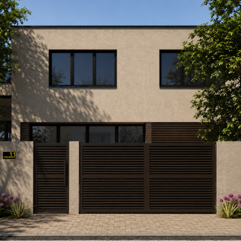 Swing Gates for Vehicle and Pedestrian Access with Horizontal Louver Slats – 2 mm Thick Steel
