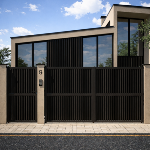 Gard Metalic - Porti Batante pentru Acces Auto + Pietonal Tip Jaluzea Lamele Verticale 2 mm grosime oțel